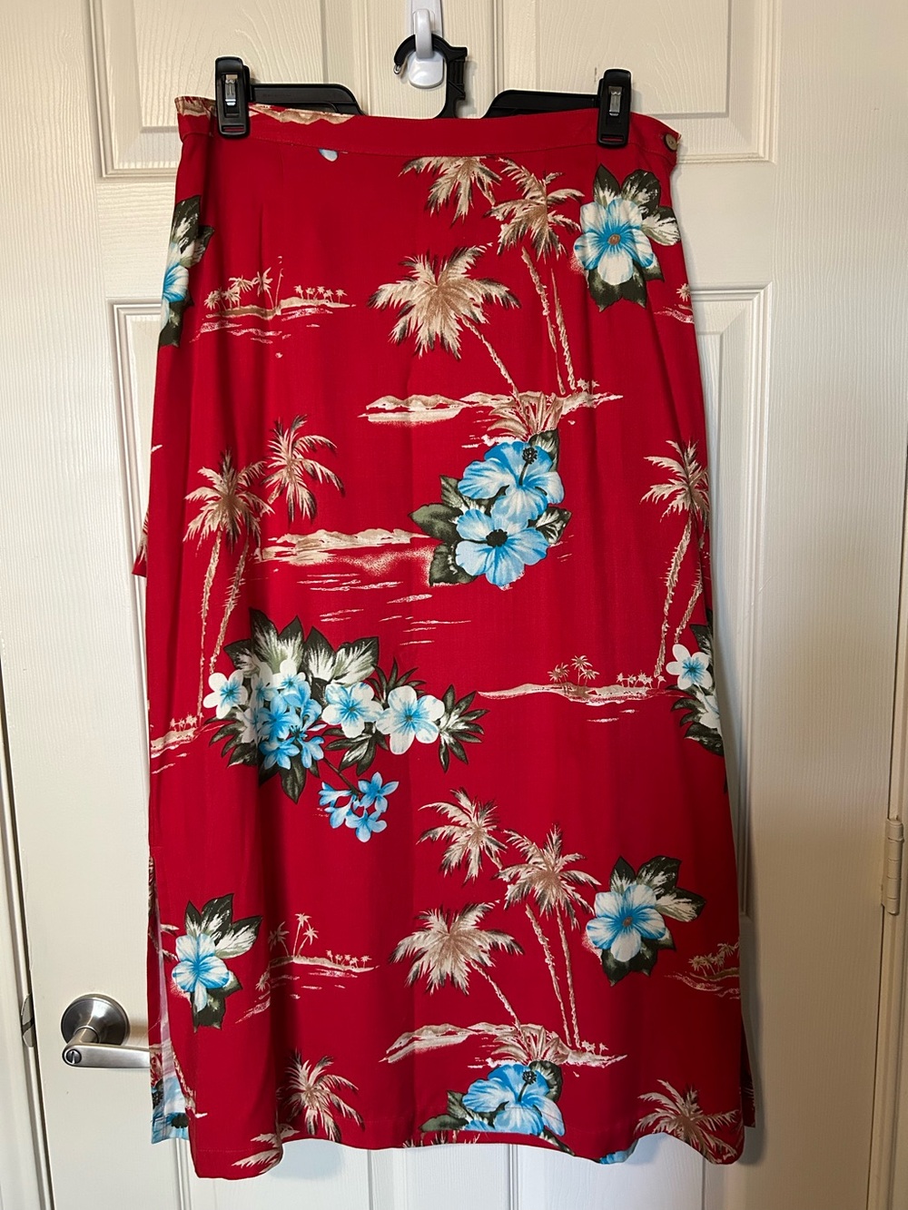 Alexis & Avery Hawaiian Rayon Maxi Skirt L Red Floral Palm Tree USA Beachcore